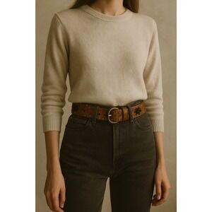 y2k Betsey Johnson Womens Medium Leather Belt Brown Studded Flower‎ Embellished